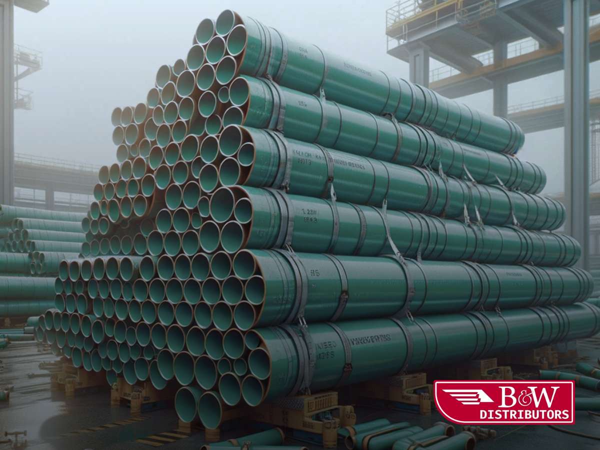 Stacks of large industrial pipes coated with green fusion-bonded epoxy in a misty storage yard