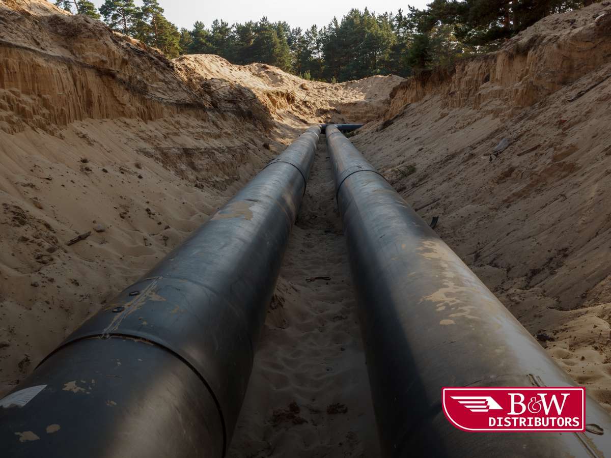 A pair of large pipelines with visible signs of corrosion running through a sandy trench, with trees in the background